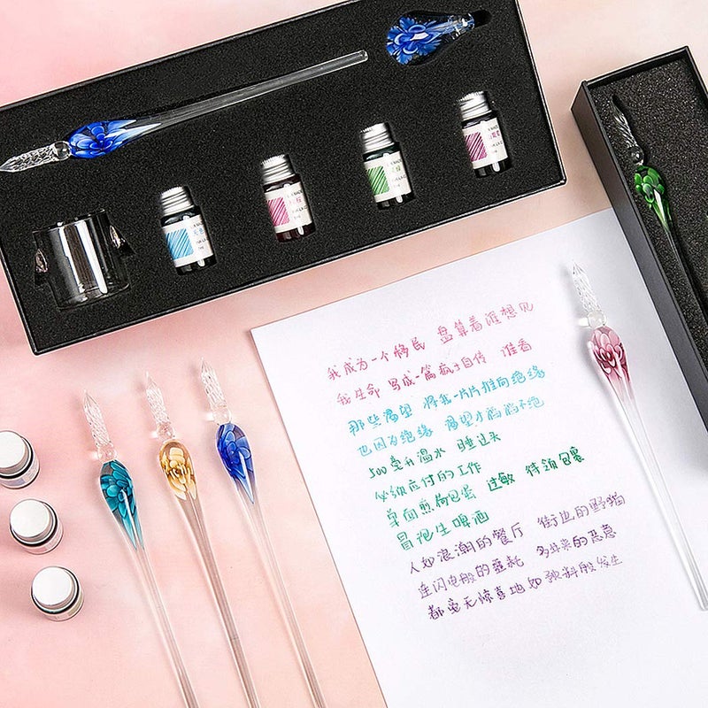 SIPLIV Crystal Glass Intarsia Dip Pen Fountain Pen Kit Vintage Calligraphy Signatures Pen with 4 Colors Ink, Pen Holder, Cleaning Cup, Yellow - Image 5